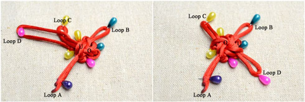 Take the loop C to pass it through the Loop D from front side. Make sure the Loop C passes OVER the loop A but UNDER the Loop B. Next, pass the loop D through Loop C from back side.