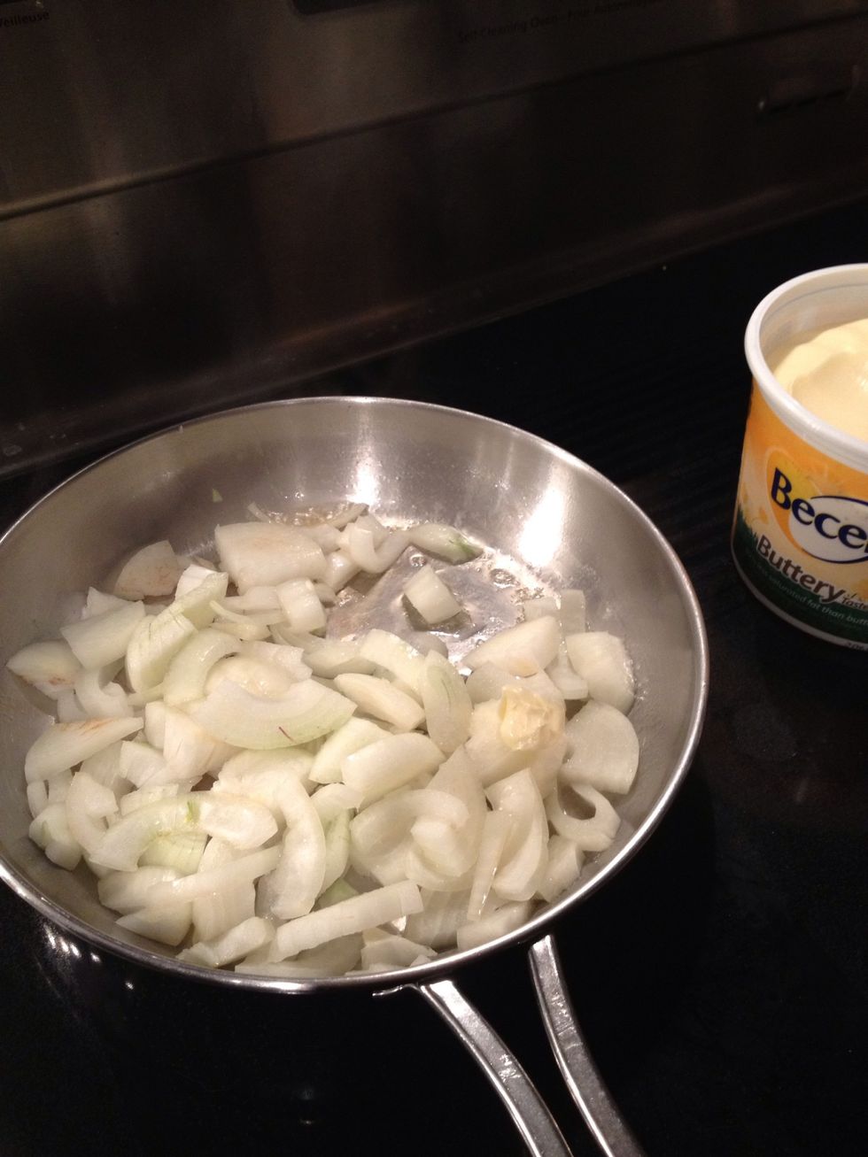 Take the meat out and let it warm up a little. Roughly chop onions and fry on medium high.