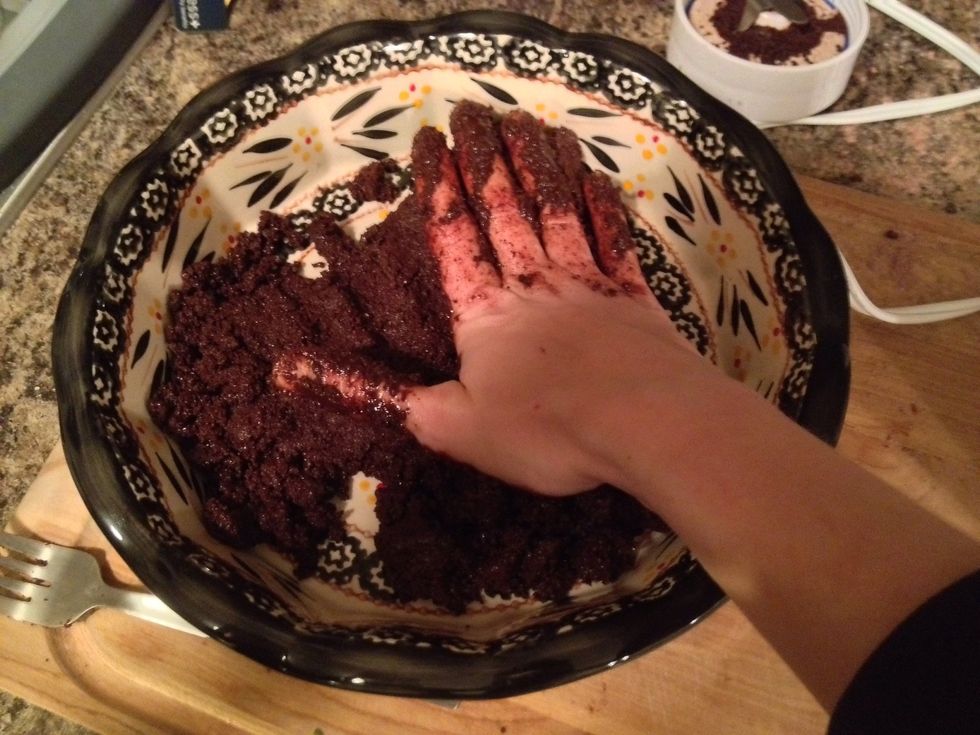 Take the mixture and press firmly onto the pie plate/pan.