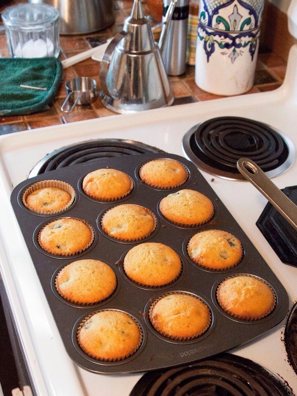 Take the muffins out of the oven, when they're firm and golden.