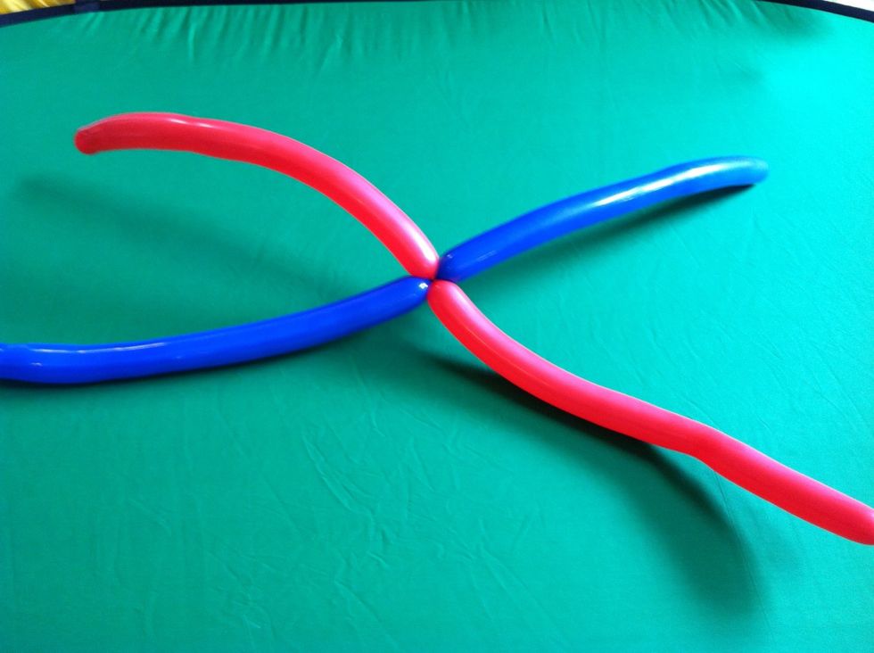Take the next two balloons and fold in half and twist together to make an x with equal size legs