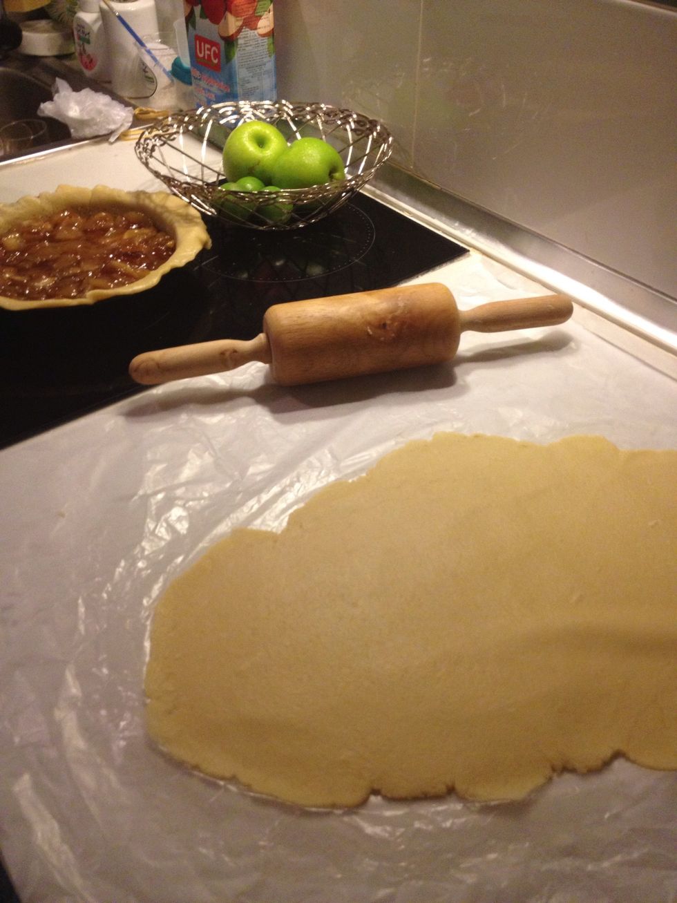 Take the other half of dough out from the fridge and roll out as thin as you can. Lazy? Put it over you pan just like that. And poke some venting holes.