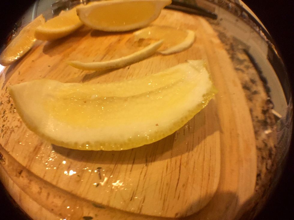 Take the other half of your lemon and julienne the rind. First scoop out the center, hey if you love Lemons it's time for snack #2 (;