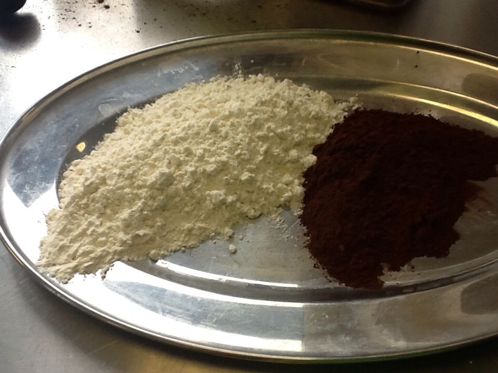 Take the plain flour and cocoa powder and sieve into a bowl.
