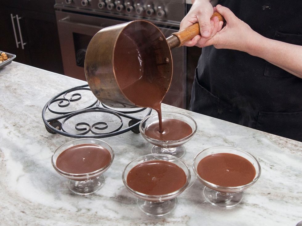 Take the pot off the heat and let it cool a bit, then pour it into individual serving dishes. Put them into the fridge to chill for about 3 hours.