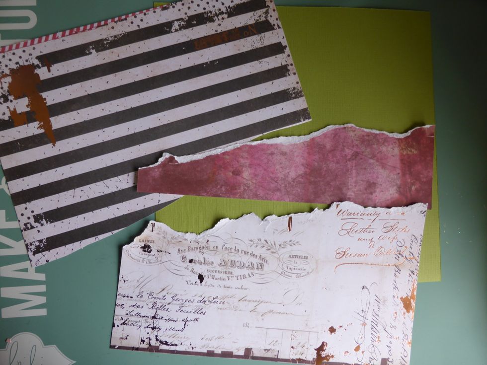 Take the Prima Rossibelle Papers from the kit (Nostalgia, Lucky Charm & Sweet Souvenirs) to create the background. I adhered the papers to a piece of cardstock (any colour)