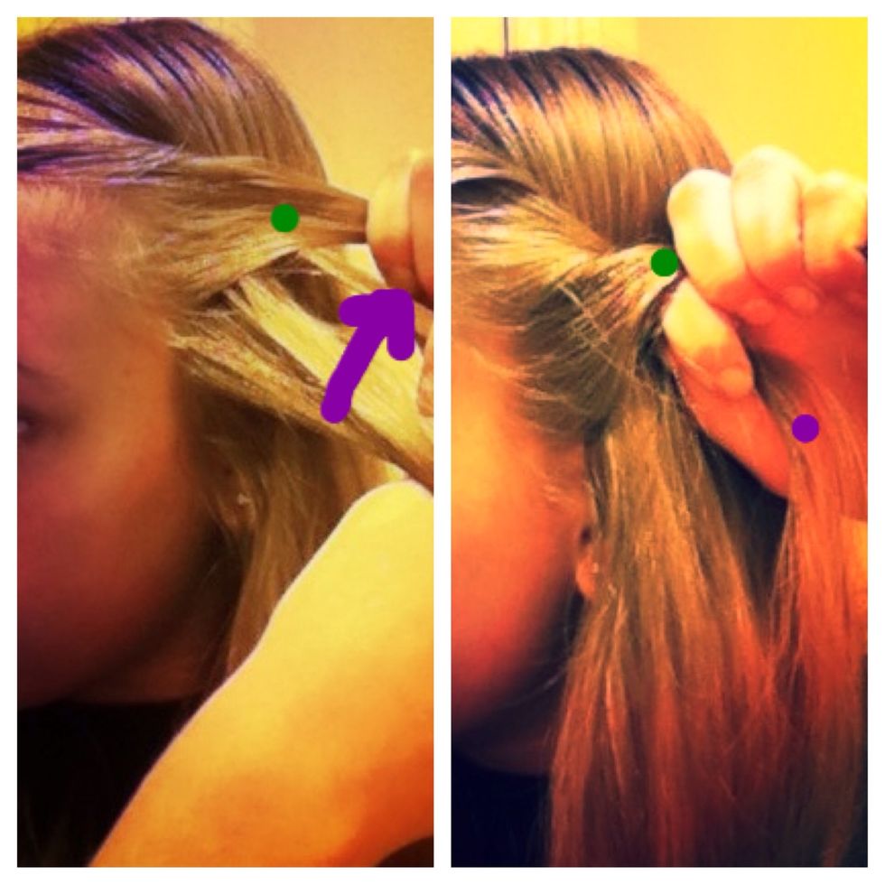 Take the purple chunk and add a small section of hair to it. Then twist them the same way and direction like in the last step.