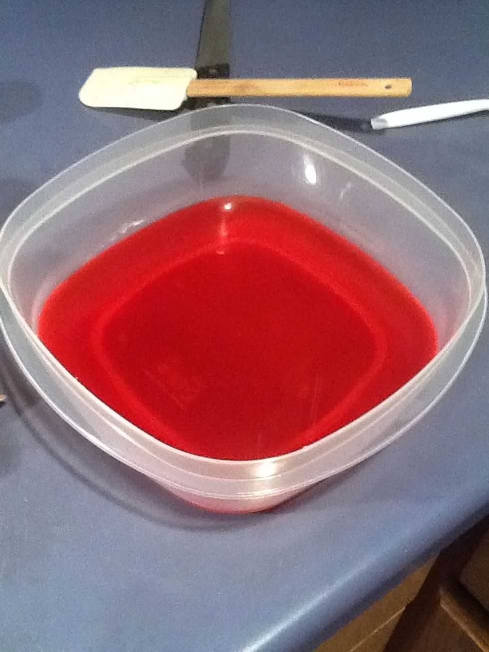 Take the rest of the jello liquid and put it in a flat bottomed bowl to put in the fridge for decoration later.