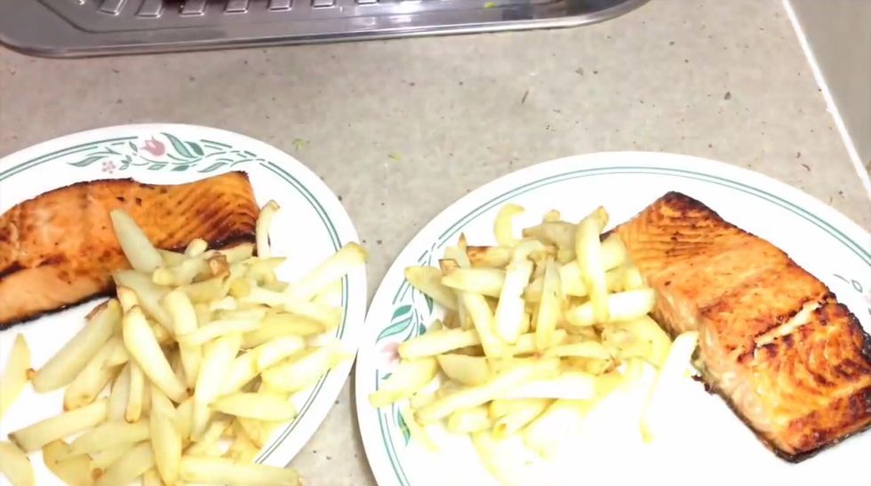 Take the salmon out and plate it after it's cooked. Dont forget the chips!