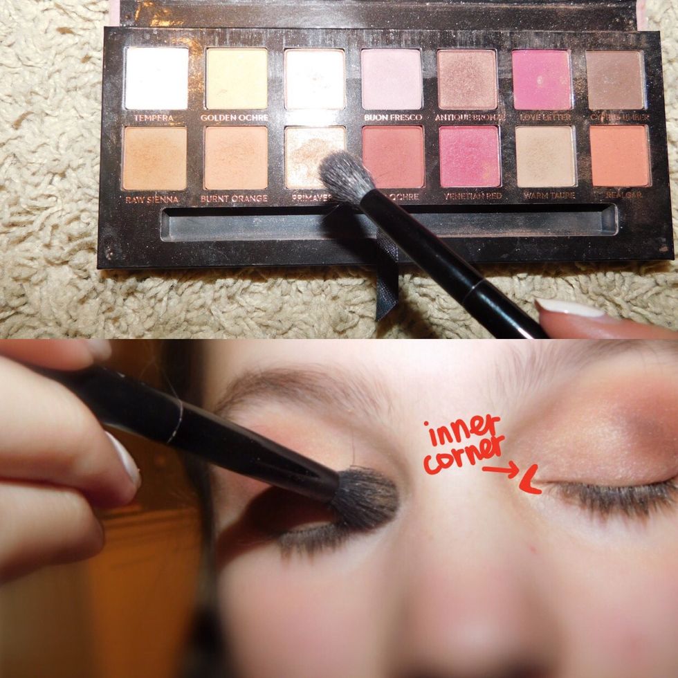 Take the same shimmery color and apply it on the inner corner of your eye. This metallic color will make the eyeshadow pop.