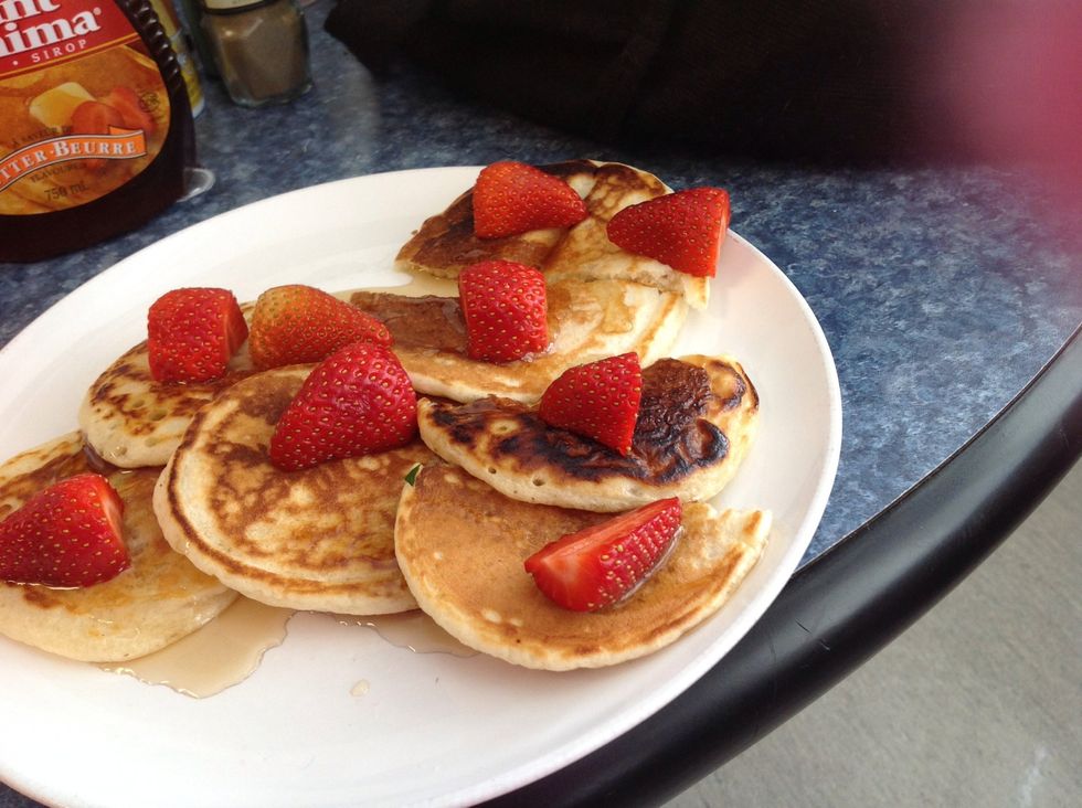 take the strawberries and whatever other fruits and syrup and butter and whipcream or whatever else you want on it and present it like this.