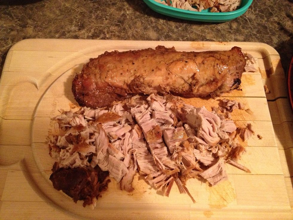 Take the tenderloins out and place on cutting board. This is why I suggest 5 hours instead of six. But hey, now we have teriyaki pulled pork! Lol. Anyways cut them up into slices or shreds. Lol.