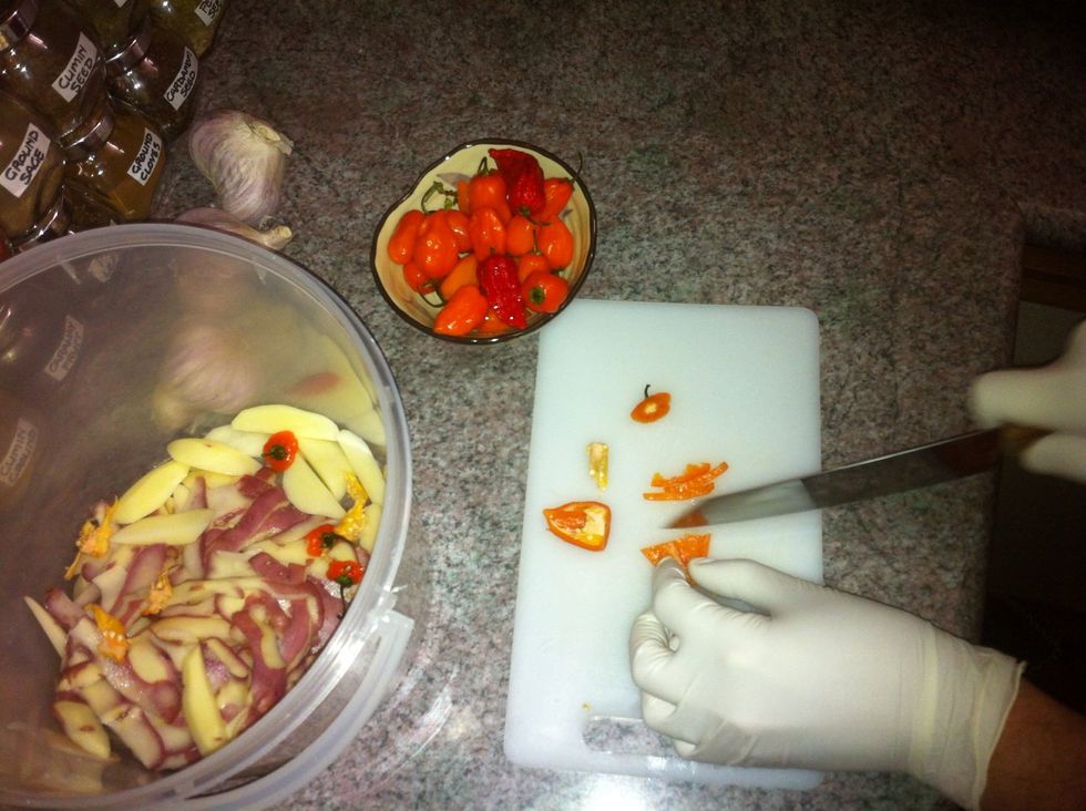 Take the top off your chillies, de-seed and dice. Save a couple of chillies worth of seeds for next years crop, the rest can get fed to the chooks (fact: birds cannot feel the heat from chillies)