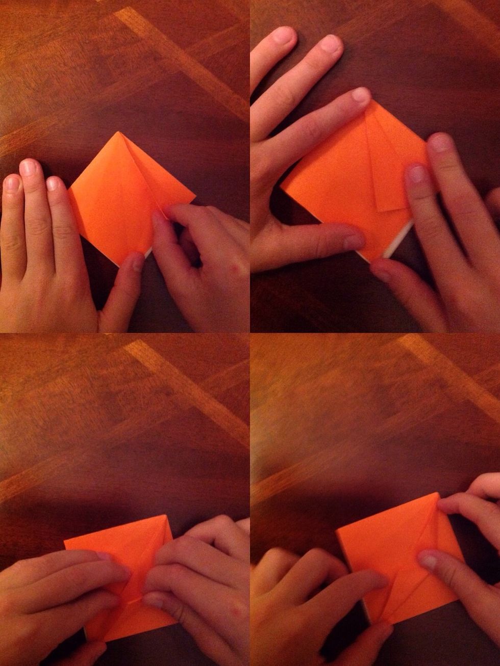 Take the top right flap and fold it to line up with the center crease, like a paper airplane. Then, fold the remaining part upward in the same fashion. (Refer to the visual above)