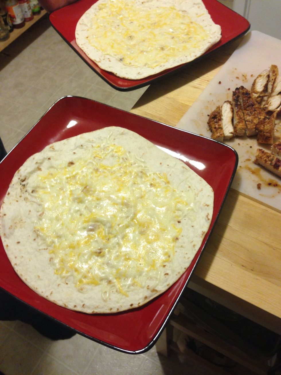 Take the tortillas off the grill after 3 mins or when the cheese is melted.