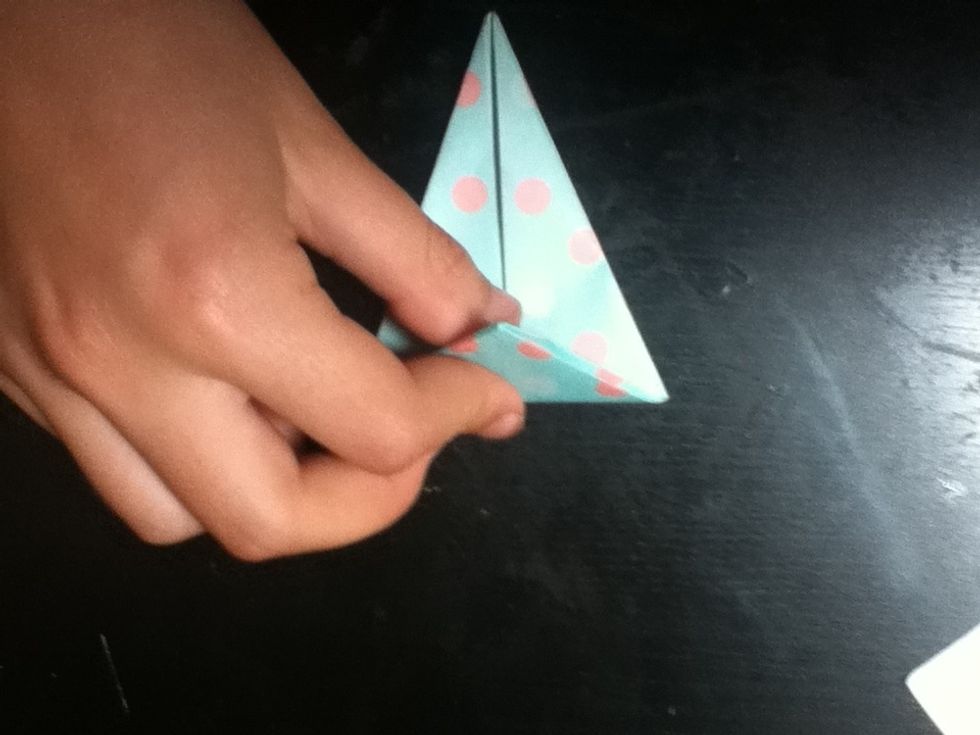Take the triangle in the top, and fold it down just to where it meets the folded flaps. Unfold. Do the same thing on the other side. Unfold.