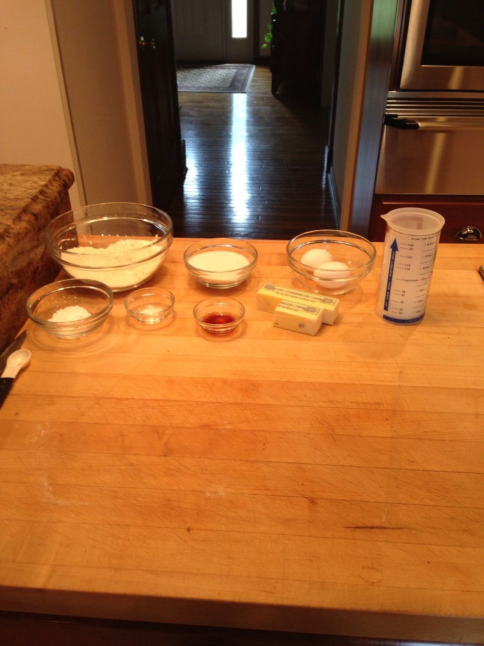 Take the two eggs and sit them out to become room temperature. I like to measure out the rest of my ingredients then too. It takes about 30 minutes to an hour to get room temperature.