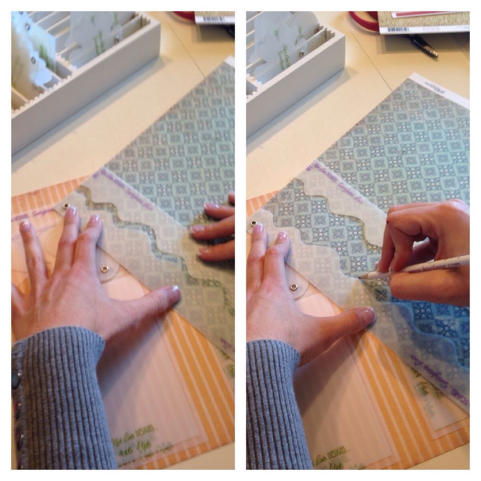 Take the two pieces and trace them out together on the same coordinating paper. Line your Template A up with the edge of your paper. Trace along the edge.