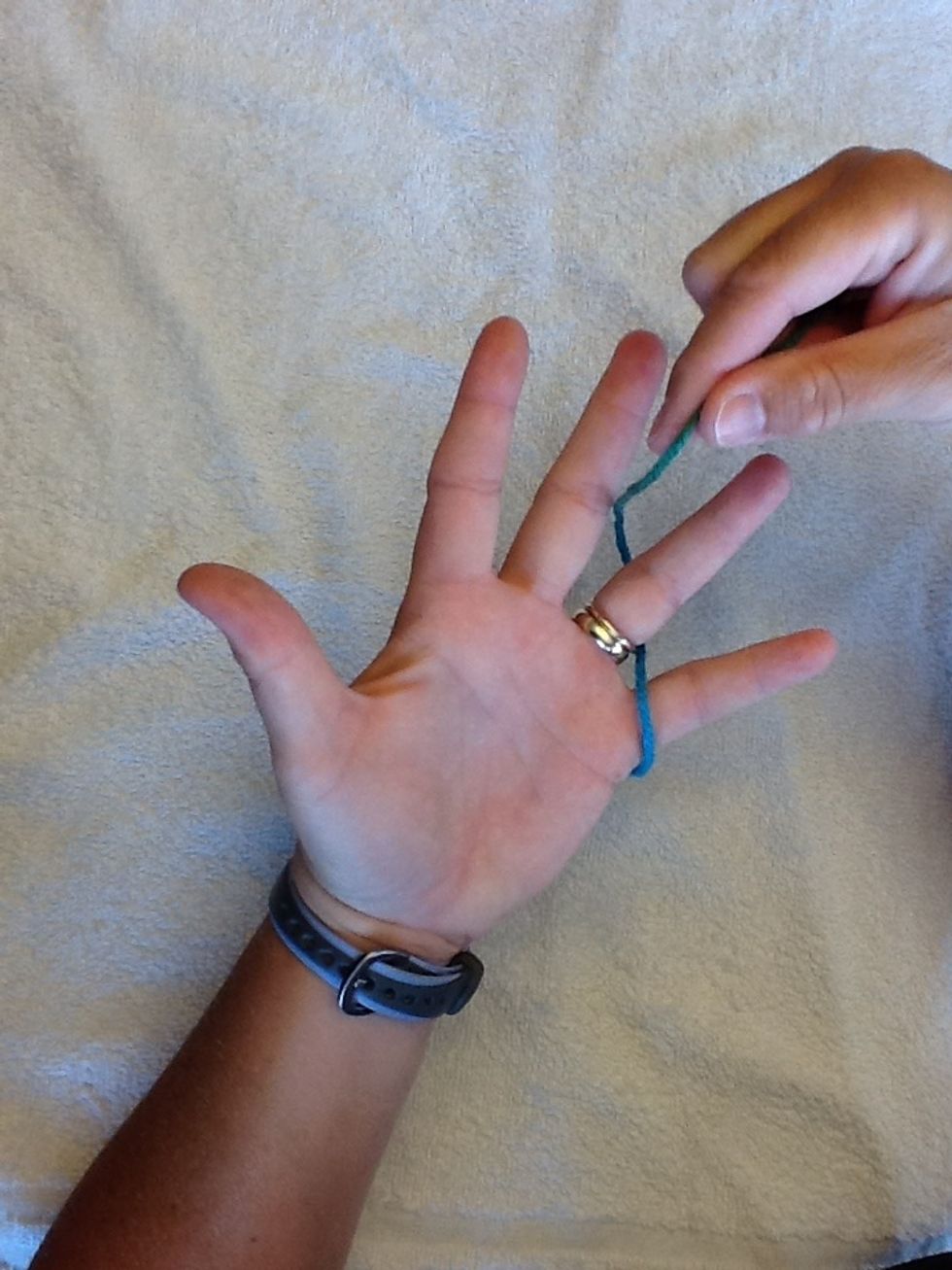 Take the yarn hanging between your fingers and go under your ring finger, over your middle finger, and under your pointer finger.