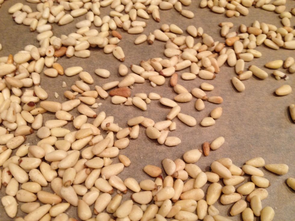 Take them out when they are lightly browned, pine nuts are sensitive creatures. Or you can skip this step if you like it raw. Pun intended.