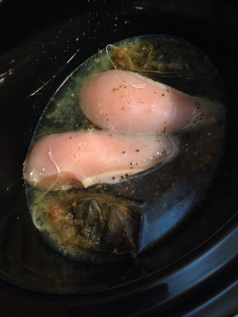 Take those tea filters and submerge them into the broth mixture, and lay along side of the breasts - for now. Later on, you'll be moving them. Don't worry, it's not that hard!