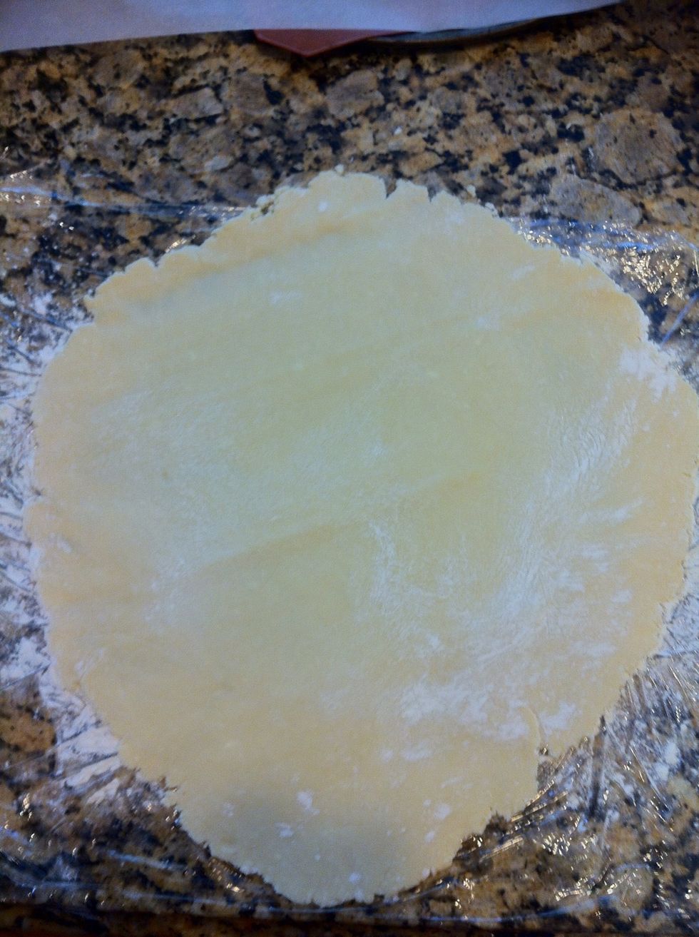 Take two more, over lapped plastic wrap, and place over disc.   Roll out dough to a circle