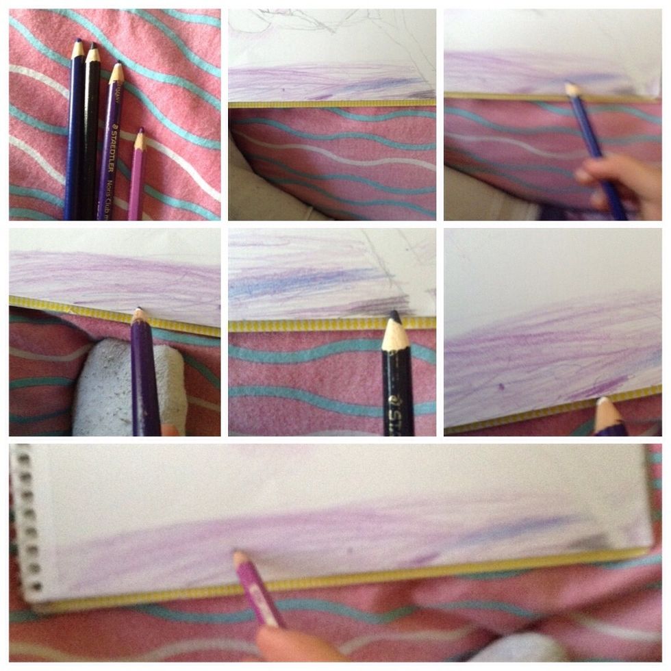 Take ur blue,purple,light purple and black and draw the bottom of the drawing so it like clouds I guess