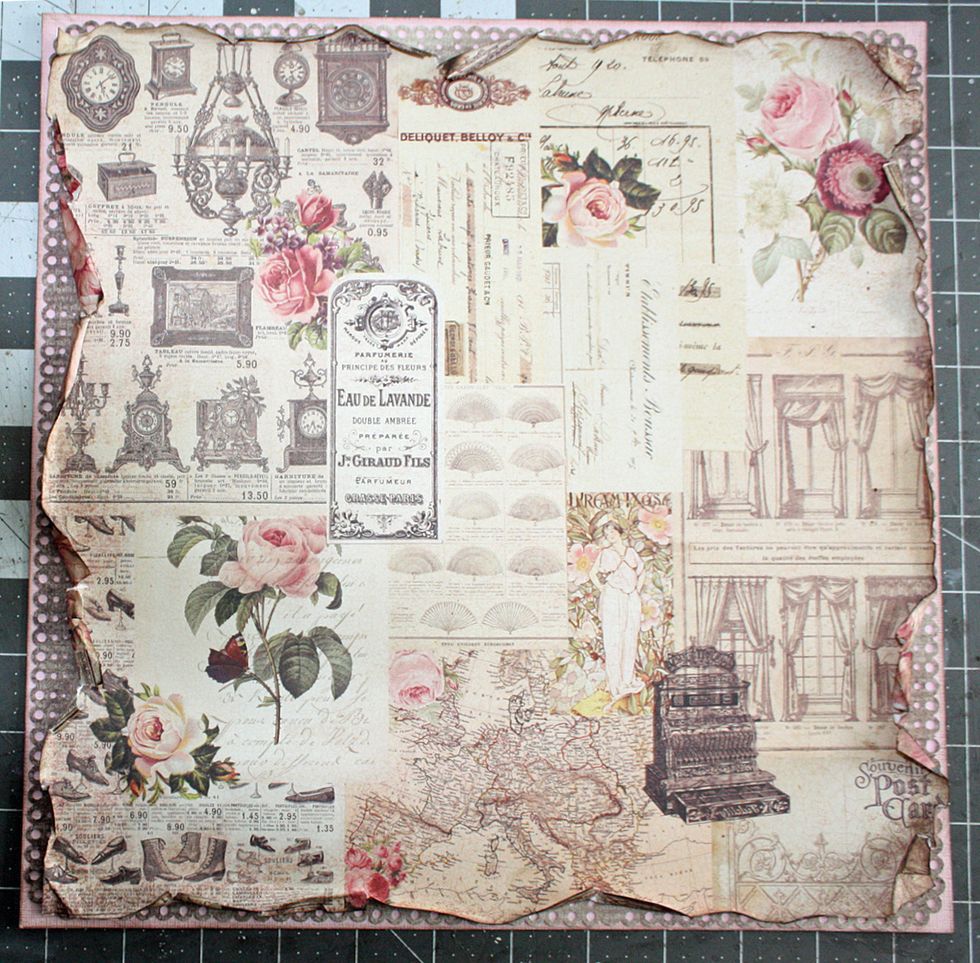 Take your busy piece of paper and heavily distress and ink edges. Layer on top of the other piece. So far you should have 3 layers of paper.