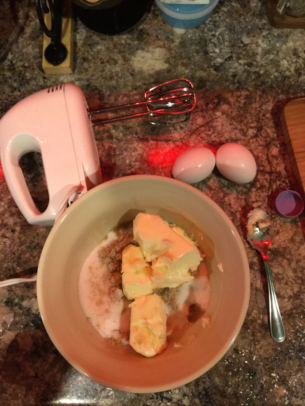 Take your butter, granulated sugar, brown sugar and vanilla extract and put those ingredients into one mixing bowl. Begin to mix using your mixer.