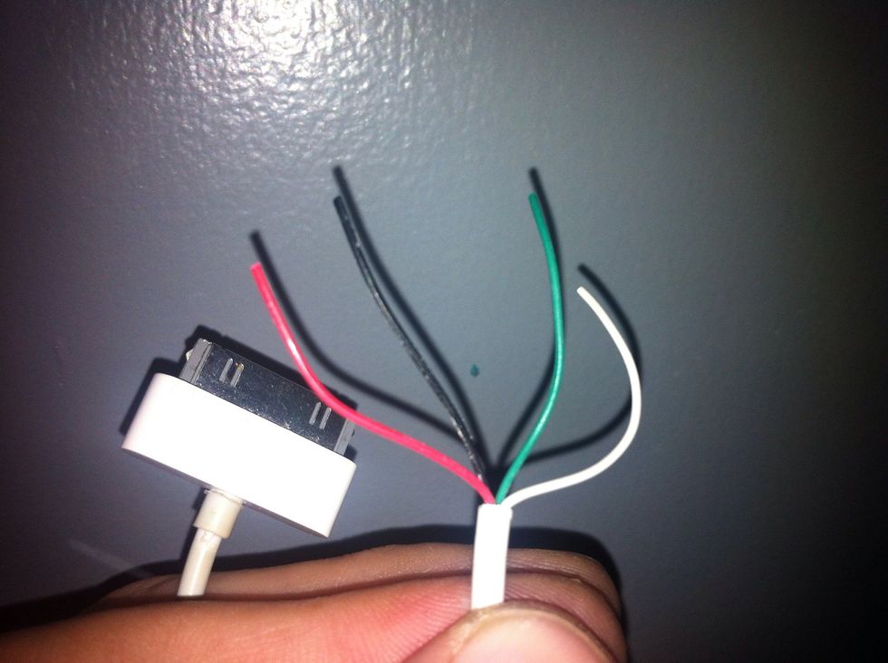 Take your charger cable and cut off the USB end. Then strip the outer covering off to find the 4 wires inside.