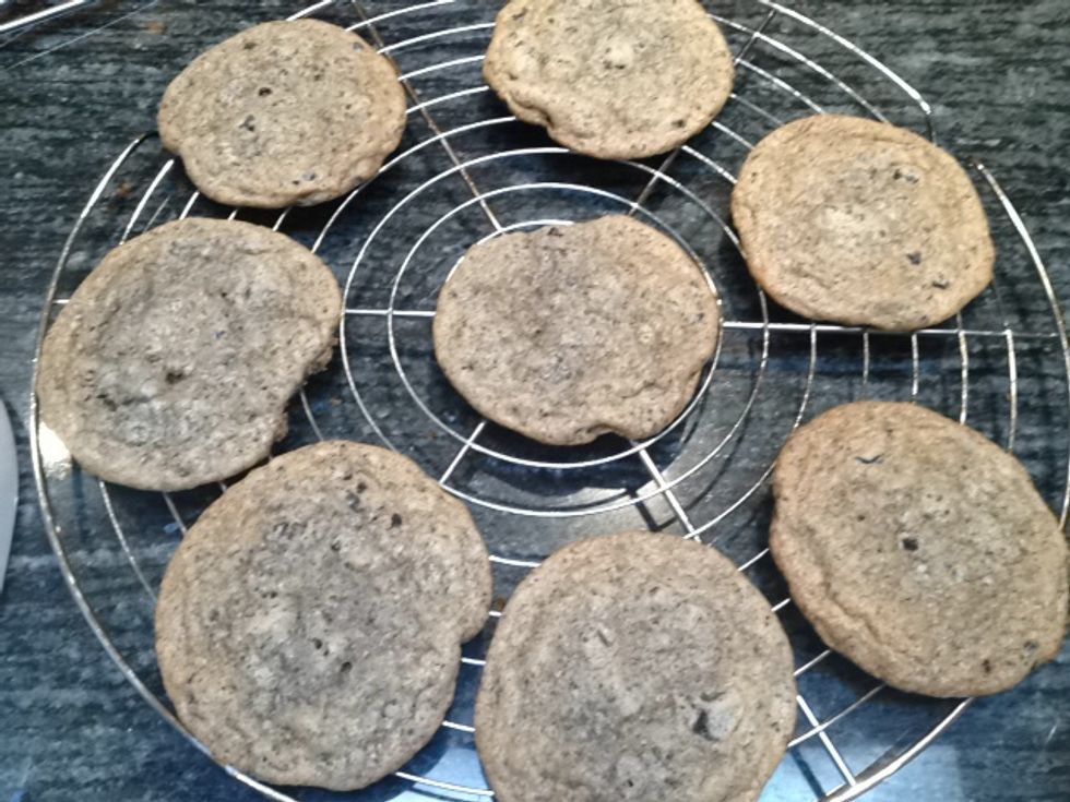 Take your cookies out of the oven and transfer to a cooling rack. Let them cool completely before eating.