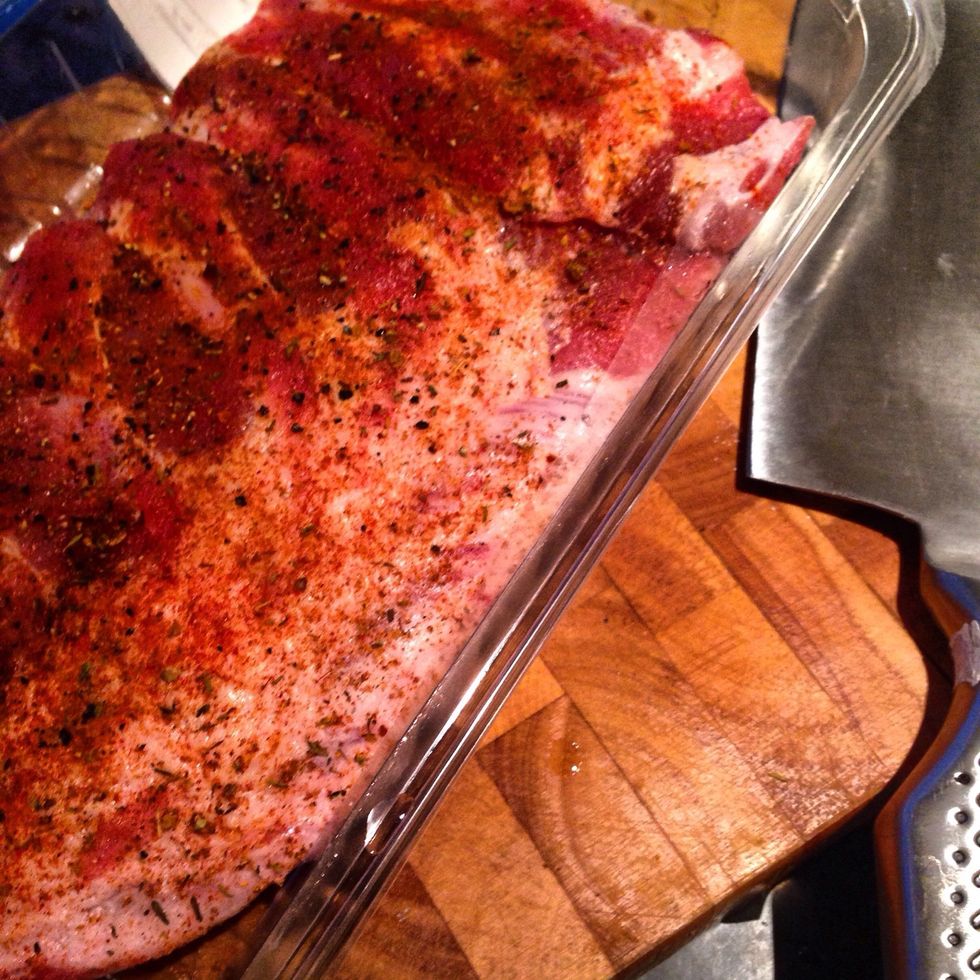 Take your dry ingredients and evenly rub them onto the top of the rack. Use equal pinches until the rack is covered. Be generous, once coated let it rest for up to 5 hours.