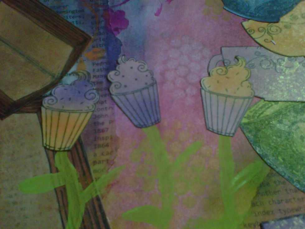 Take your final digital images, colour and stick down. Added stems using acrylic paint