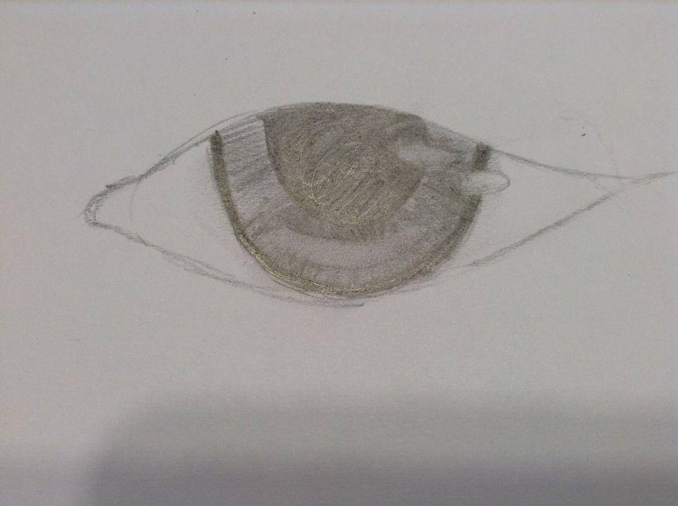 Take your finger and rub around the iris to blend it.