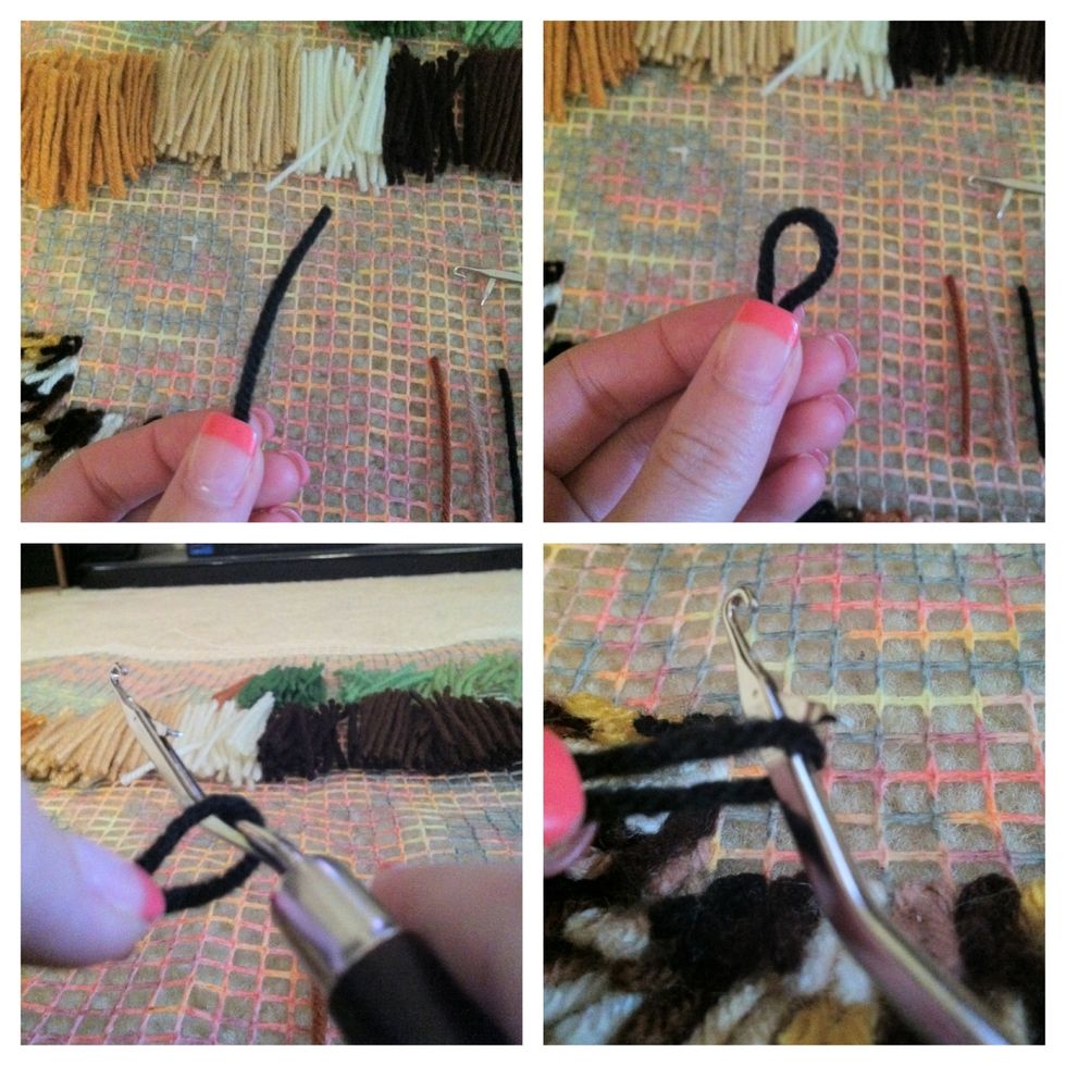 Take your first piece of yarn and make a loop. You're going to put the tool through the loop, the yarn behind the hook thing that is protruding (picture 4).