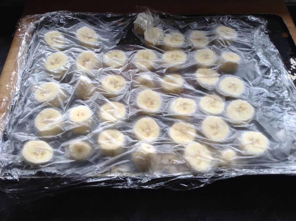 Take your frozen banana slices out of the freezer. Mine were in there about 10 hours but they probably don't take that long! I went out.