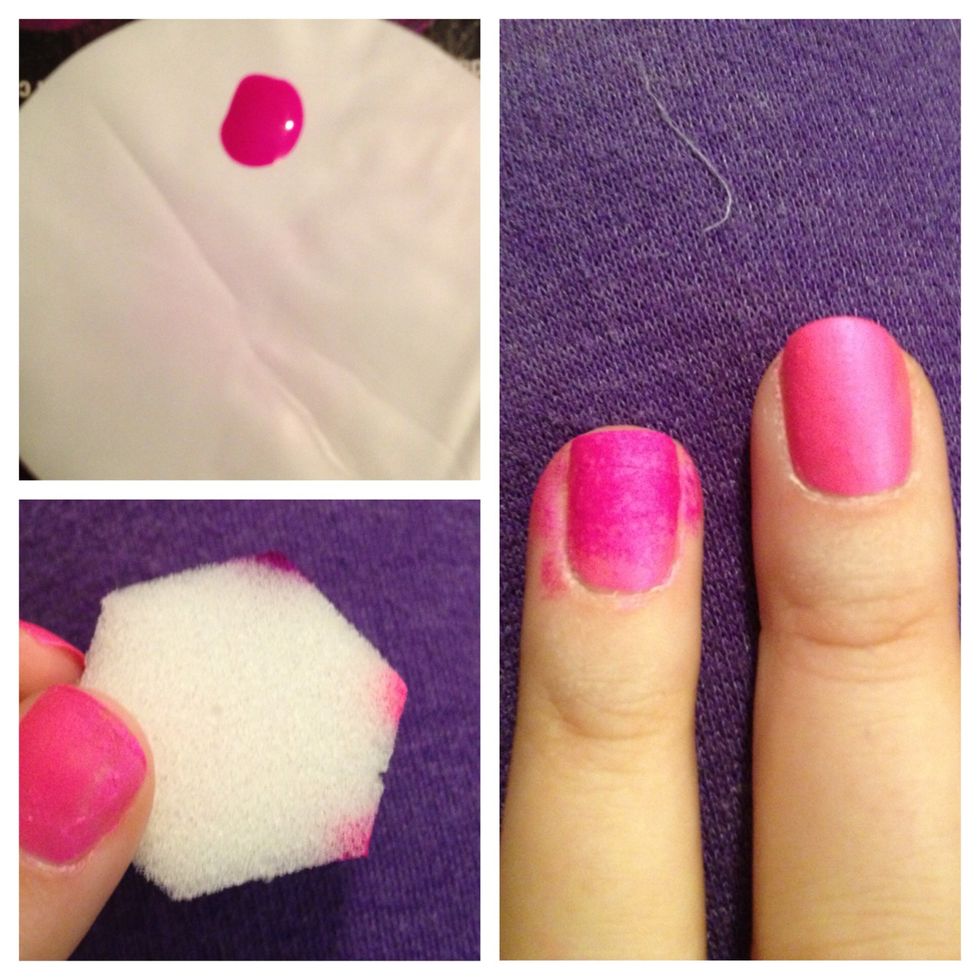 Take your next darkest color (I'm using purple panic by china glaze) and with a damp sponge , sponge the color on nail starting about 1/3 of the way up. I have shown before and after nails above.