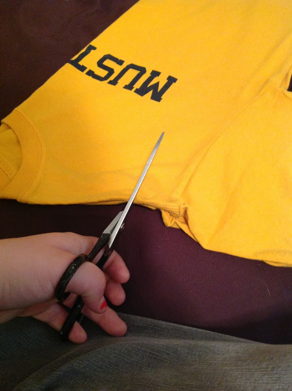 Take your scissors and cut about and inch or so away from the seam of the sleeve. (I fold it in Half so the sleeves match up ok)
