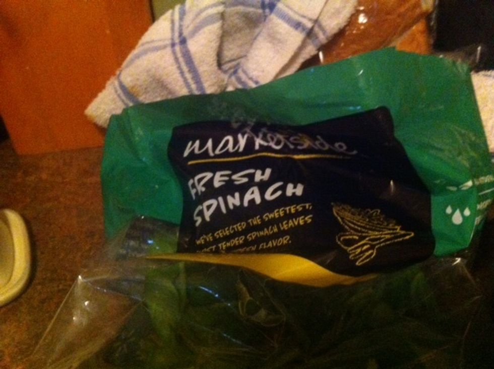 Take your spinach and start taking off the ends. You don't have to but I did. This was a 12 ounce bag. Used about 3/4 of the bag. It depends on how much spinach you want to use and like.