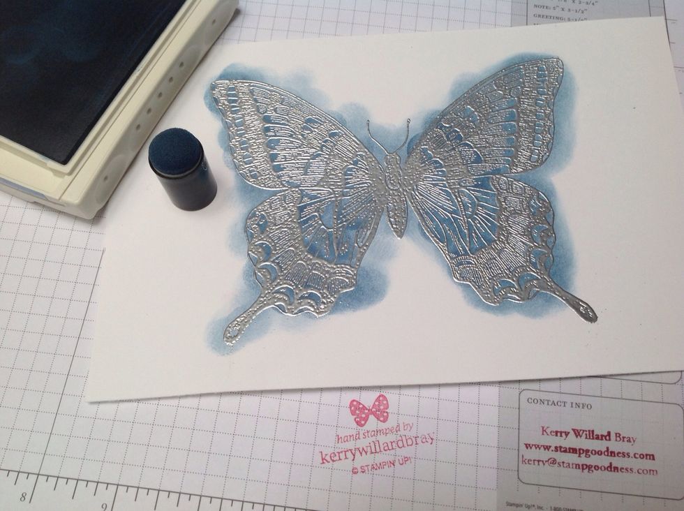 Take your sponge dauber and Classic Stampin' Ink to add color -- this part is know as emboss resist and the area that has been embossed resists taking on the ink color