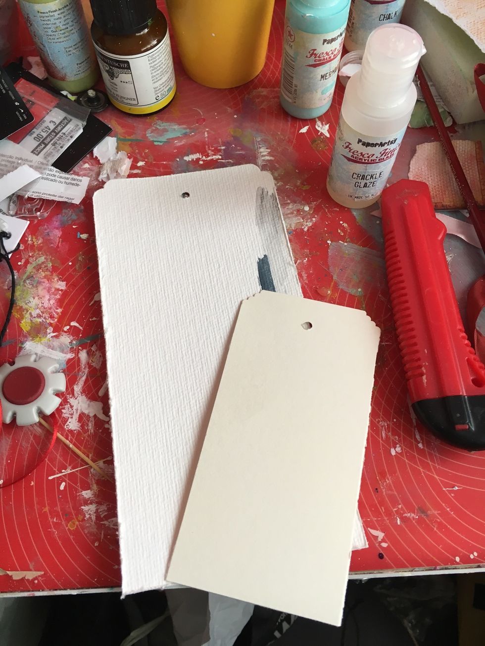 Take your tags and cut at 6 1/4'x3 1/4' (first tag) And 5 3/4'x 2 7/8'