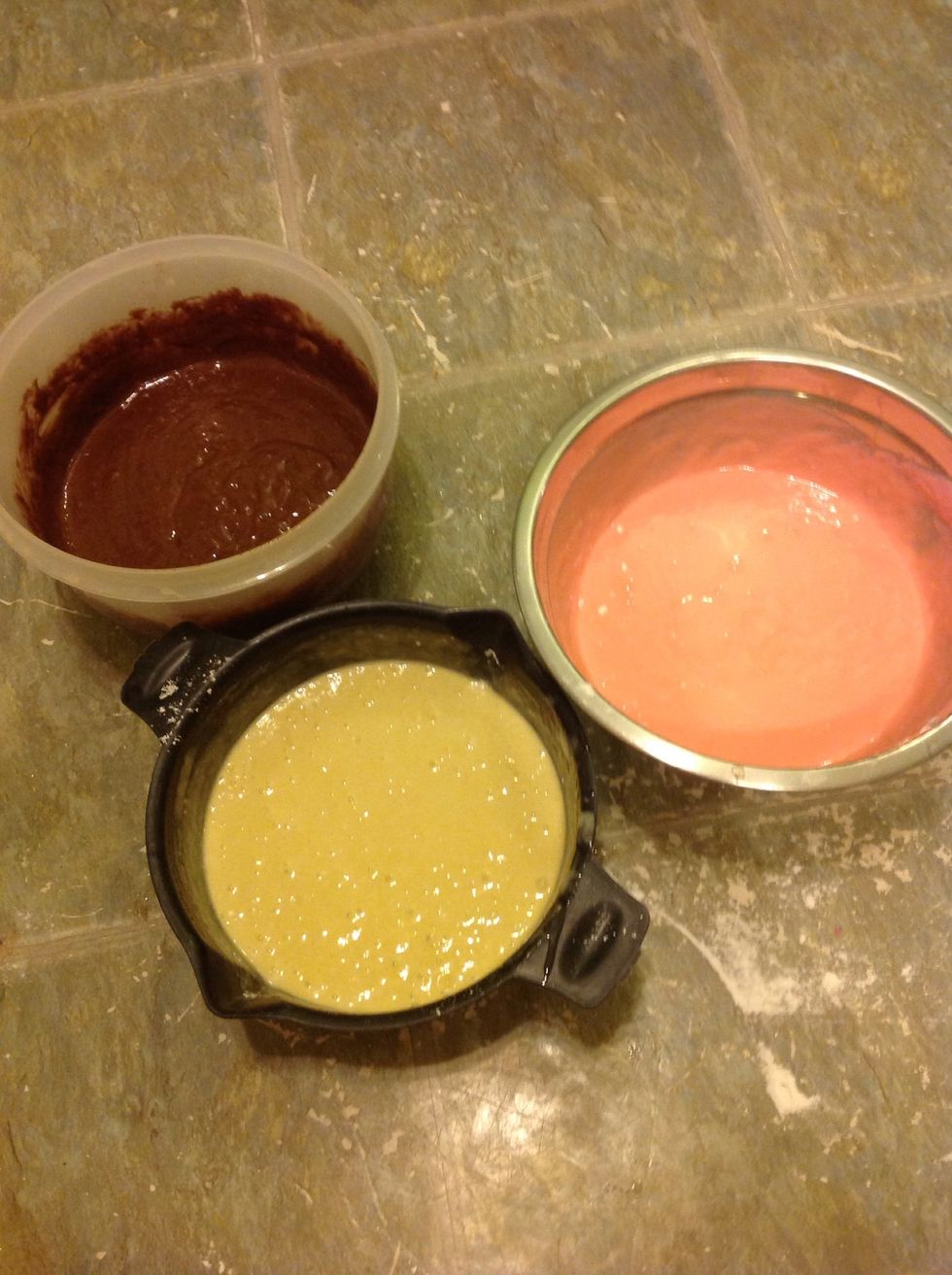 Take your three cake mixes and lay them out.