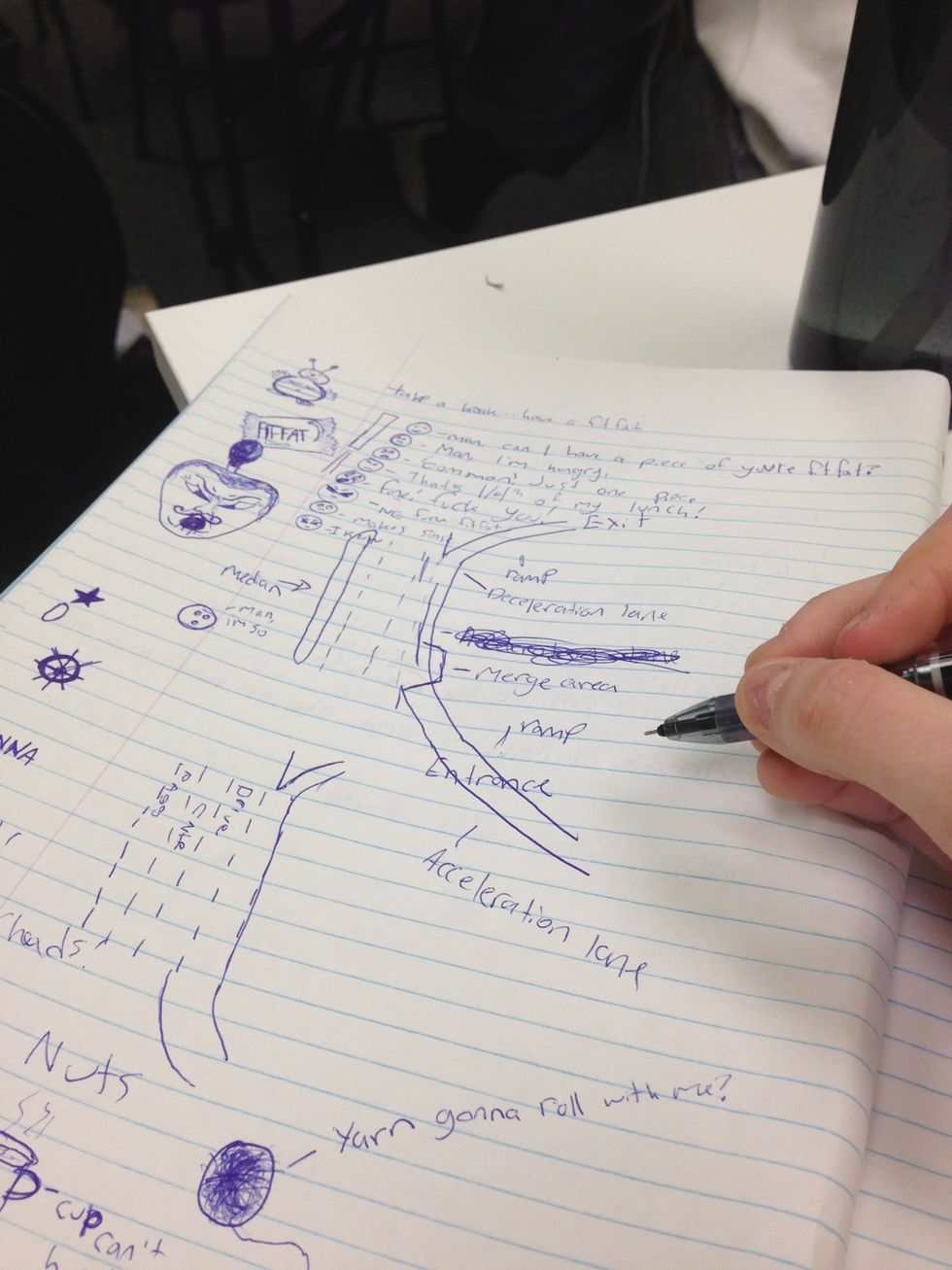 Takes notes