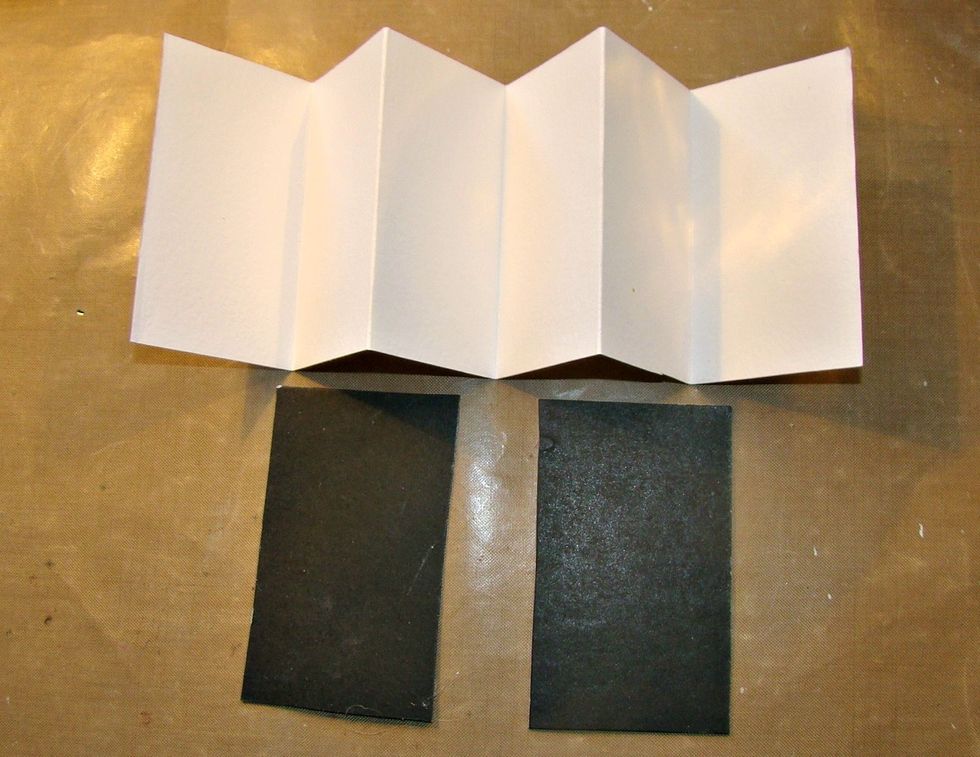 Taking heavy black chipboard I cut two for the front and back cover and adhered. Put aside, we will come back to this in a minute.