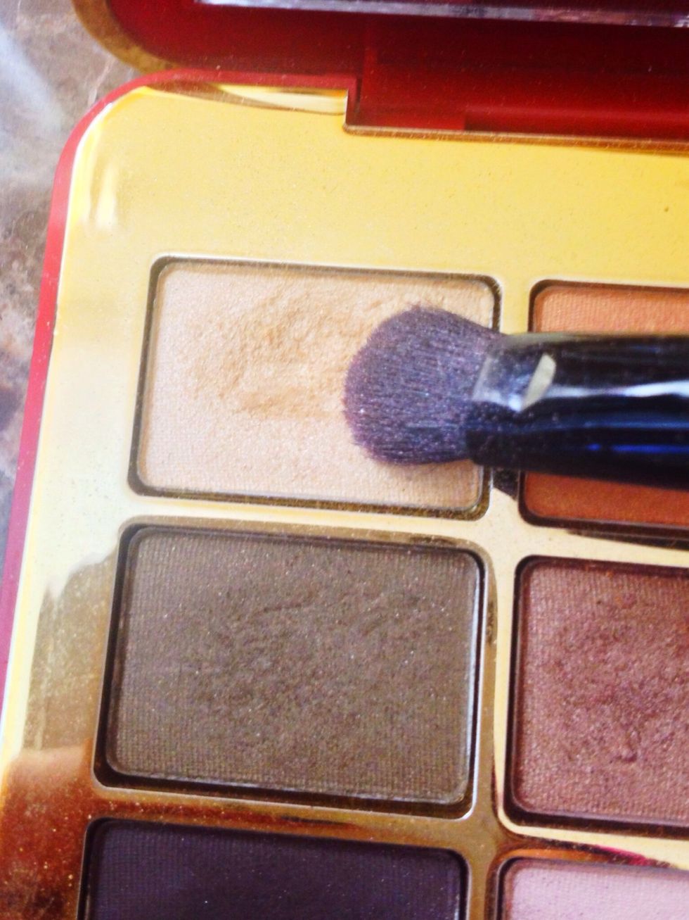 Taking the flat shader brush apply a shimmery gold color to the front half of the lid packing the color on