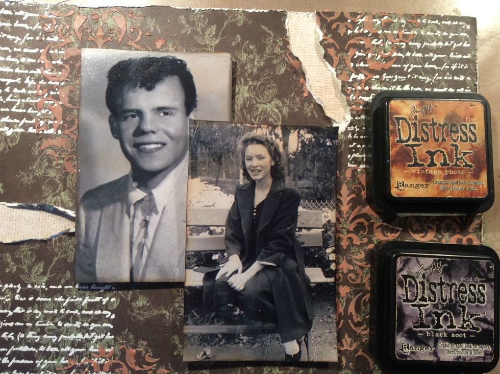 Taking Vintage Photo DI lightly apply to edges of my photos and then edge the photo with Black Soot Di to add that vintage appeal. Adhere your photos to layouts.