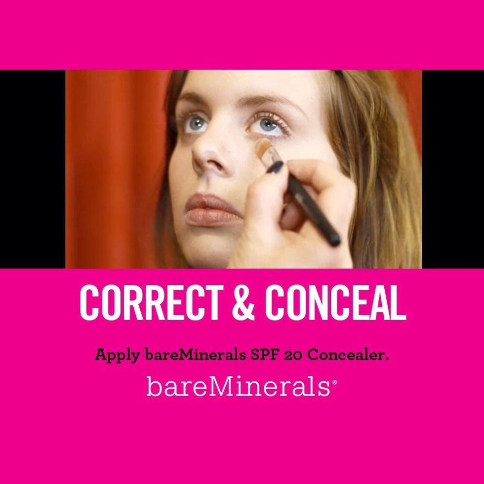 Tap a little bareMinerals SPF 20 Concealer into the lid, swirl your brush in the product, tap of excess and apply to cover and correct blemishes and dark circles.