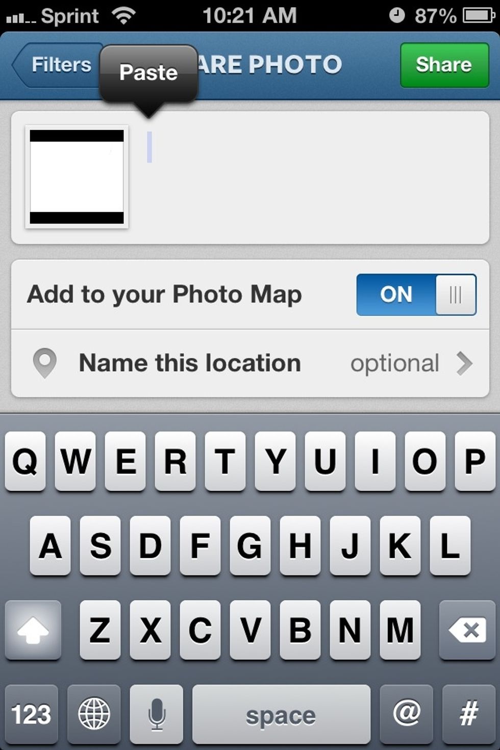 Tap and hold in the caption box and then tap 'Paste' to paste in the tags