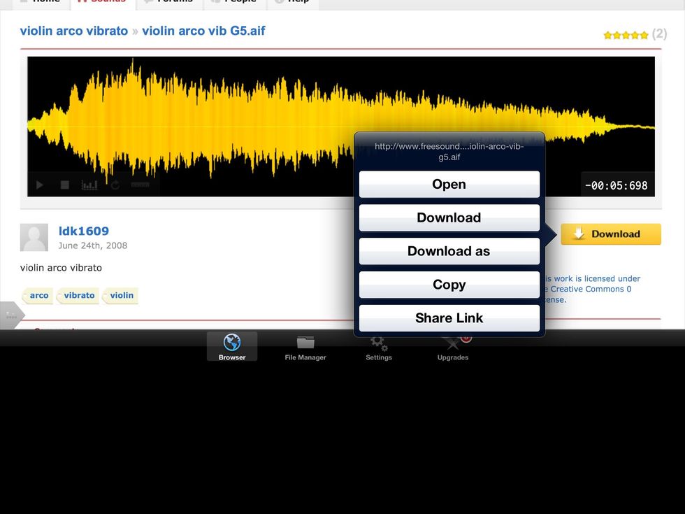 Tap and hold the 'Download' button (you will need to sign in to freesound.org) then choose 'Download' from the pop-up menu