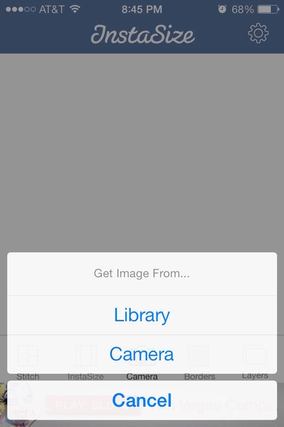Tap 'camera' and it gives you two options as to where you will get your photo to edit; camera or library. I'm choosing library this time.